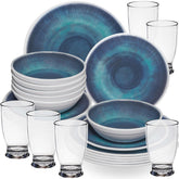 Melamin Geschirr Set Jesolo Blau für 6 Personen - 24 Teile - mit klarem Trinkglas 380ml - aus Acryl Steingutoptik Campinggeschirr