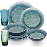 Melamin Geschirr Set Adria Blue für 2 Personen - 8 Teile Blau - mit farblich passenden Trinkgläsern 260 ml aus Acryl Steingutoptik Campinggeschirr Camping