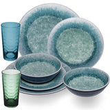 Melamin Geschirr Set Adria Blue für 2 Personen - 8 Teile Blau - mit farblich passenden Trinkgläsern 260 ml aus Acryl Steingutoptik Campinggeschirr Camping