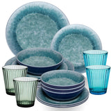Melamin Geschirr Set Adria Blue für 4 Personen - 16 Teile Blau - mit farblich passenden Trinkgläsern 360 ml aus Acryl Steingutoptik Campinggeschirr
