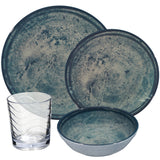 Melamin Geschirr Set Mondgranit Blau-Grau für 2 Personen - 8 Teile - mit klaren Trinkgläsern 250ml Steingutoptik Spülmaschinengeeignet Essgeschirr Campingzubehör Campinggeschirr Wohnwagen Camping