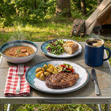 Melamin Geschirr Set Lagune für 6 Personen - 24 Teile - mit Edelstahl Thermo Tassen Steingutoptik Spülmaschinengeeignet Essgeschirr Campingzubehör Campinggeschirr Wohnwagen Camping Festival Picknick Gartenparty