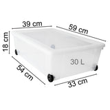 UNTERBETTKOMMODE - Aufbewahrungsbox mit Deckel und Rollen 30 Liter 59x39x18 cm transparent stapelbar LEBENSMITTELECHT - Rollbox Kunststoff Box Kiste - Plastik Organizer Büro Haushalt Kinderbox