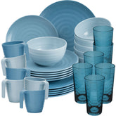 Melamin Geschirr Set 30 Teile elegante Steingut Optik in blau mit Wasserglas 260ml blau - für 6 Personen Essgeschirr Gläser Wasserglas Tumbler Whiskey - Campinggeschirr Picknick ideal Camping modern Outdoor