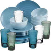 Melamin Geschirr Set 24 Teile elegante Steingut Optik in blau mit Wasserglas 260ml bunt - für 6 Personen Essgeschirr Gläser Wasserglas Tumbler Whiskey - Campinggeschirr Picknick ideal Camping modern Outdoor