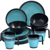 Melamin Geschirrset für 4 Personen - 16 Teile mit Tassen elegante Steingut Optik in blau Essgeschirr Gläser Wasserglas Tumbler Whiskey Campinggeschirr Picknick Camping Outdoor
