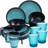 Melamin Geschirrset für 4 Personen blau schwarz - 20 Teile - mit Tassen und blauen Trinkgläsern 360 ml Campinggeschirr Essgeschirr Gläser Whiskey Campinggeschirr Picknick Camping Outdoor