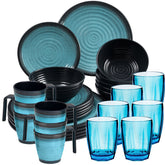 Melamin Geschirr Set 30 Teile elegante Steingut Optik in blau mit Tassen Wasserglas 320ml blau - für 6 Personen Essgeschirr Gläser Wasserglas Tumbler Whiskey Campinggeschirr Picknick Camping Outdoor