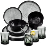 Melamin Geschirr Set für 4 Personen Grau Granit-Optik 16 Teile - mit grauen Trinkgläsern 300 ml - Campinggeschirr Geschirrset Tafelgeschirr - Spülmaschinengeeignet Tableware Outdoor Camping
