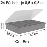 XXL Sortierbox mit 24 Fächern zu je 8,5x9,5 cm - 60x38x10cm groß GRAU mit transparentem Deckel - ideal für Christbaumkugel und Weihnachtsschmuck Aufbewahrungsbox Sortimentskasten Sortierkasten