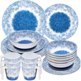 Melamin Geschirr Set Wish Flower Blau für 6 Personen - 24 Teile - Pusteblume Steingutoptik
