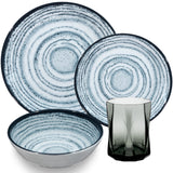 Melamin Geschirr Set Blau Schiefer für 4 Personen - 16 Teile - mit grauen Trinkgläsern 300 ml - Steingutoptik Spülmaschinengeeignet Essgeschirr Campingzubehör Campinggeschirr Wohnwagen Camping