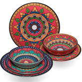 Melamin Geschirr Set Toskana Deep für 2 Personen - 6 Teile - Rot-Grün - Mandala-Optik Essgeschirr Campinggeschirr