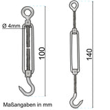 4x Edelstahl Spannschloss Spannschraube D-4mm - M4 - Öse+Haken V2A - Seilspanner Segelspanner für Drahtseil - 10-14cm lang Wantenspanner Bruchlast 100 kg