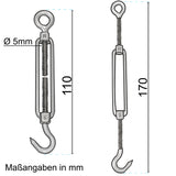 8x Edelstahl Spannschloss Spannschraube D-5mm - M5 - Haken+Öse - V2A Seilspanner Segelspanner für Drahtseil - 11-17cm lang Wantenspanner Bruchlast 130kg