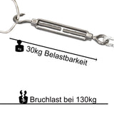8x Edelstahl Spannschloss Spannschraube D-5mm - M5 - Haken+Öse - V2A Seilspanner Segelspanner für Drahtseil - 11-17cm lang Wantenspanner Bruchlast 130kg