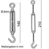 Edelstahl Spannschloss Spannschraube D-6mm - M6 - Öse+Haken - V2A - Seilspanner Segelspanner für Drahtseil - 14-21cm lang Wantenspanner Bruchlast 350kg