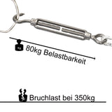 Edelstahl Spannschloss Spannschraube D-6mm - M6 - Öse+Haken - V2A - Seilspanner Segelspanner für Drahtseil - 14-21cm lang Wantenspanner Bruchlast 350kg