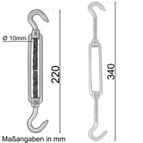 Edelstahl Spannschloss Spannschraube D-10mm - M10 - beidseitig Haken - V2A - Seilspanner Segelspanner für Drahtseil - 22-34 cm lang Wantenspanner Bruchlast 800kg