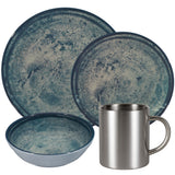 Melamin Geschirr Set Mondgranit Blau-Grau für 4 Personen - 16 Teile - mit Edelstahl Thermo Tassen Steingutoptik Spülmaschinengeeignet Essgeschirr Campingzubehör Campinggeschirr Wohnwagen Camping Festival Picknick Gartenparty
