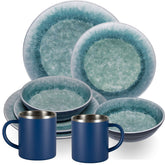 Melamin Geschirr Set Adria Blue für 2 Personen - 8 Teile Blau - mit Edelstahl Thermo Tassen Steingutoptik Essgeschirr Campingzubehör Campinggeschirr Wohnwagen Camping Festival Picknick Gaertenparty