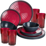 Melamin Geschirr Set für 4 Personen 16 Teile mit Trinkglas rot schwarz Tonoptik - Essgeschirr Acryl Wasserglas - Campinggeschirr