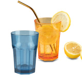Melamin Geschirr Set Toskana Pastel für 2 Personen - 8 Teile - Orange-Blau - Mandala-Optik mit farblich passenden Trinkgläsern 400 ml aus Acryl Campinggeschirr