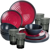 Melamin Geschirr Set Rot für 4 Personen 16 Teile mit Trinkglas Grau Tonoptik - Essgeschirr Acryl Wasserglas - Campinggeschirr