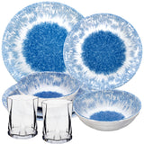 Melamin Geschirr Set Wish Flower Blau für 2 Personen - 8 Teile - mit klarem Trinkglas 300ml Steingutoptik Spülmaschinengeeignet Essgeschirr Campingzubehör Campinggeschirr Wohnwagen Camping