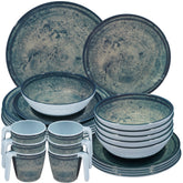 Melamin Geschirr Set Mondgranit Blau-Grau für 6 Personen - 24 Teile - Steingutoptik