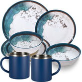 Melamin Geschirr Set Lagune für 2 Personen - 8 Teile - mit Edelstahl Thermo Tassen Steingutoptik Spülmaschinengeeignet Essgeschirr Campingzubehör Campinggeschirr Wohnwagen Camping Festival Picknick Gartenparty