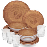Melamin Geschirr Set Bambi Braun für 4 Personen - 16 Teile mit klaren Trinkgläsern 250 ml aus Acryl Steingutoptik Campinggeschirr