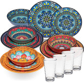 Melamin Geschirr Set Toskana für 4 Personen - 16 Teile - BUNT - Mandala-Optik mit klaren Trinkgläsern 400 ml aus Acryl Essgeschirr Campinggeschirr