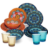 Melamin Geschirr Set Toskana Pastel für 4 Personen - 16 Teile - Orange-Blau - Mandala-Optik mit farblich passenden Trinkgläsern 360 ml aus Acryl Campinggeschirr