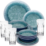 Melamin Geschirr Set Adria Blue für 4 Personen - 16 Teile Blau - mit klarem Trinkglas 450ml aus Acryl Steingutoptikgeschirr