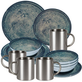 Melamin Geschirr Set Mondgranit Blau-Grau für 4 Personen - 16 Teile - mit Edelstahl Thermo Tassen Steingutoptik Spülmaschinengeeignet Essgeschirr Campingzubehör Campinggeschirr Wohnwagen Camping Festival Picknick Gartenparty