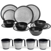 Melamin Geschirr Set für 4 Personen Grau Granit-Optik 16 Teile - mit Stapeltassen - Campinggeschirr Geschirrset Tafelgeschirr - Spülmaschinengeeignet Tableware Outdoor Camping