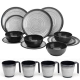 Melamin Geschirr Set für 4 Personen Grau Granit-Optik 16 Teile - mit Stapeltassen - Campinggeschirr Geschirrset Tafelgeschirr - Spülmaschinengeeignet Tableware Outdoor Camping