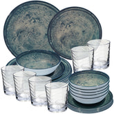 Melamin Geschirr Set Mondgranit Blau-Grau für 6 Personen - 24 Teile - mit klaren Trinkgläsern 250ml Steingutoptik Spülmaschinengeeignet Essgeschirr Campingzubehör Campinggeschirr Wohnwagen Camping