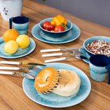 Melamin Geschirr Set Adria Blue für 6 Personen - 24 Teile Blau - mit klarem Trinkglas 400 ml aus Acryl Steingutoptik Campinggeschirr