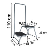 Caravan Trittleiter 2 Stufen Leiter 45x64x38 cm mit Haltegriff aus Stahl bis zu 150kg belastbar mit Anti-Rutsch-Trittfläche Doppeltrittstufe Einstiegshilfe Wohnwagen Wohnmobil Doppelstufe Zweistufiger Tritthocker