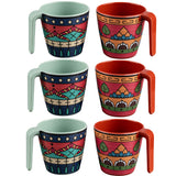 6 Stück Melamin Tassen 350 ml ideal für Camping 6 Personen - Toskana Deep - Stapelbar - Steingutoptik Mandala Trinkbecher Kaffeetasse Kaffeebecher
