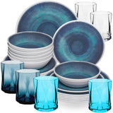 Melamin Geschirr Set Jesolo Blau für 6 Personen - 24 Teile - mit farblich passenden Trinkgläsern 300ml aus Acryl Campinggeschirr