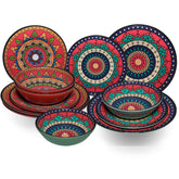 Melamin Geschirr Set Toskana Deep für 4 Personen - 12 Teile - Rot-Grün - Mandala-Optik Campingzubehör Campinggeschirr