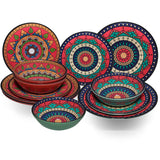 Melamin Geschirr Set Toskana Deep für 4 Personen - 12 Teile - Rot-Grün - Mandala-Optik Campingzubehör Campinggeschirr