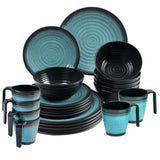 Melamin Geschirr Set 30 Teile elegante Steingut Optik in blau mit Tassen Wasserglas 360ml blau - für 6 Personen Essgeschirr Gläser Wasserglas Tumbler Whiskey Campinggeschirr Picknick Camping Outdoor