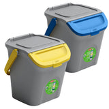 2x Stapelbarer Müllsortierer 28 Liter Grau mit FARBIGEM Faltdeckel 39x37x41 cm Mülleimer Mülltonne Mülltrennsystem Recyclingtonne verschließbarer Deckel