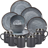 Melamin Geschirr Set Grau für 6 Personen 24 Teile mit Edelstahl Thermo Tassen doppelwandig - Tonoptik Essgeschirr - Campinggeschirr Picknick ideal für Camping modern Outdoor