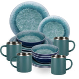 Melamin Geschirr Set Adria Blue für 4 Personen - 16 Teile Blau - mit Edelstahl Thermo Tassen Steingutoptik Essgeschirr Campingzubehör Campinggeschirr Wohnwagen Camping Festival Picknick Gartenparty