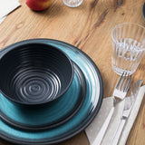 Melamin Geschirr Set Blau Schwarz für 6 Personen 24 Teile mit Edelstahl Thermo Tassen doppelwandig - Tonoptik Essgeschirr - Campinggeschirr Picknick ideal für Camping modern Outdoor
